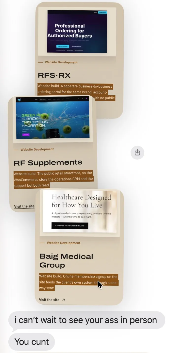Text, September 30, 2026: screenshots of CoreShift showcase cards for RFS&middot;RX, RF Supplements and Baig Medical Group, followed by two messages from Greg Loring: &ldquo;i can&rsquo;t wait to see your ass in person&rdquo; and &ldquo;You cunt&rdquo;.